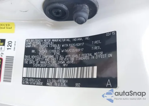 2015 Toyota Sienna Xle 8 Passenger z USA, uszkodzony, nr VIN 5TDYK3DC6FS590035